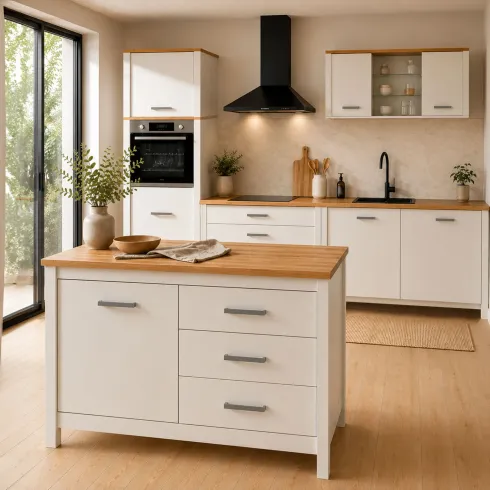 Tavolo Bar da Cucina Bianco Rovere Isola con Anta Cassetti Soft-Close