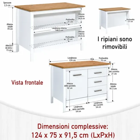 Tavolo Bar da Cucina Bianco Rovere Isola con Anta Cassetti Soft-Close