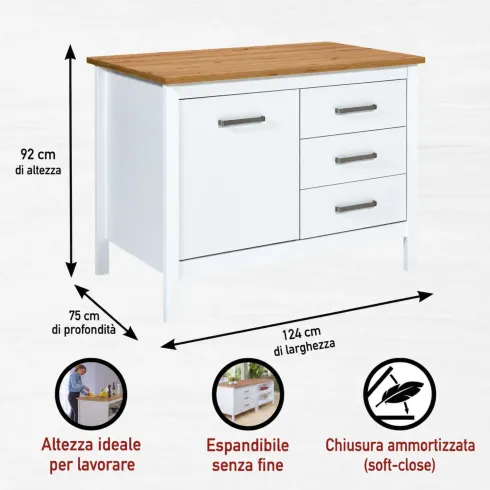 Tavolo Bar da Cucina Bianco Rovere Isola con Anta Cassetti Soft-Close