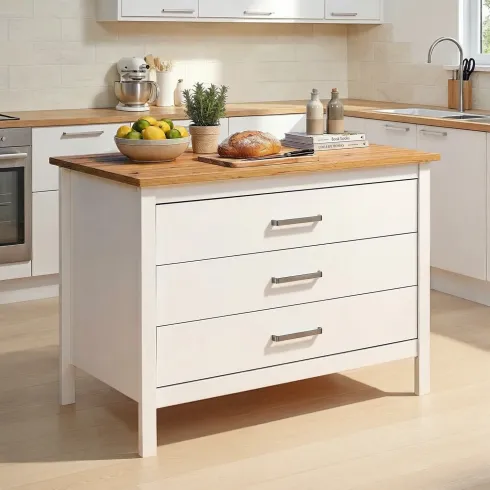 Isola da Cucina Bianco Rovere Tavolo Bar con 3 Cassetti Soft-Close