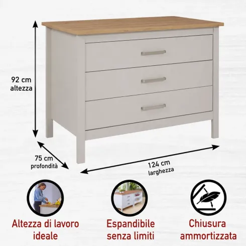 Isola da Cucina Beige Rovere Tavolo Bar con 3 Cassetti Soft-Close