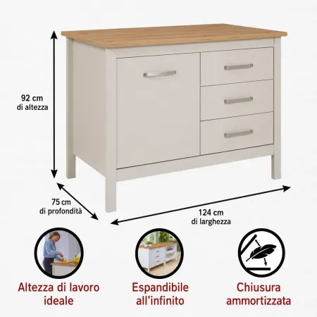 Tavolo Bar da Cucina Beige Rovere Isola con Anta Cassetti Soft-Close