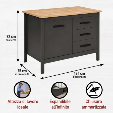 Tavolo Bar da Cucina Antracite Rovere Isola 1 Anta Cassetti Soft-Close