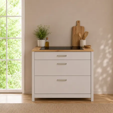 Mobile Cucina Base per Piano Cottura Beige Rovere con 3 Cassetti