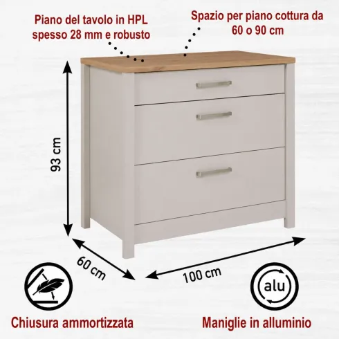 Mobile Cucina Base per Piano Cottura Beige Rovere con 3 Cassetti