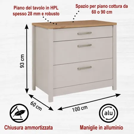 Mobile Cucina Base per Piano Cottura Beige Rovere con 3 Cassetti
