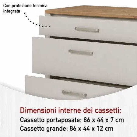Mobile Cucina Base per Piano Cottura Beige Rovere con 3 Cassetti