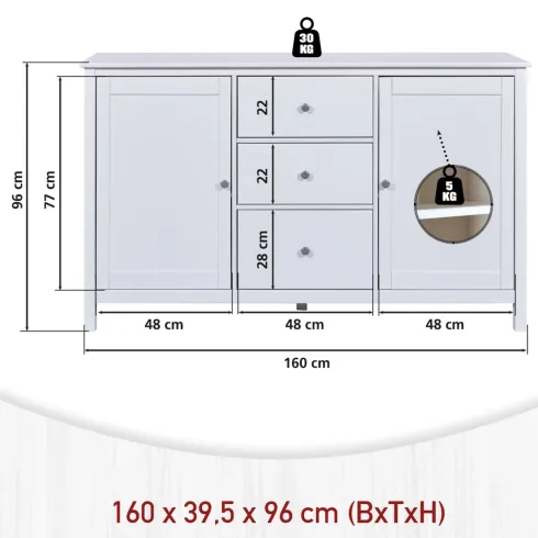 Credenza da Cucina 3 Cassetti 2 Ante in Legno Bianco Madia Moderna