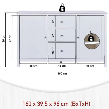 Credenza da Cucina 3 Cassetti 2 Ante in Legno Bianco Madia Moderna