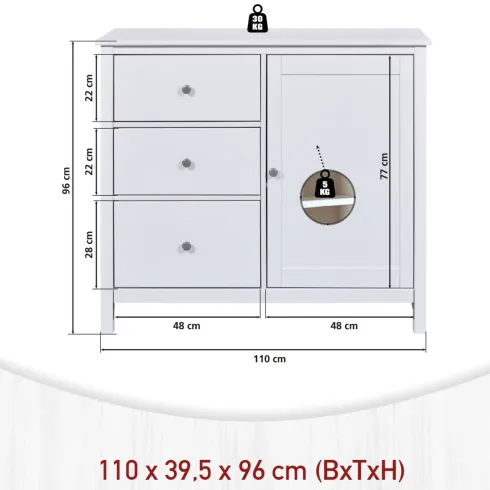 Credenza da Cucina 3 Cassetti 1 Anta in Legno Bianco Madia Moderna