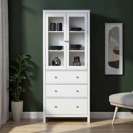 Vetrina Soggiorno Credenza Bianco 3 Cassetti 2 Ante in Legno MDF