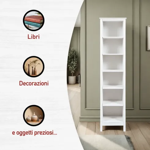 Mobile Libreria Soggiorno Camera Alta in Legno MDF Bianco 6 Ripiani