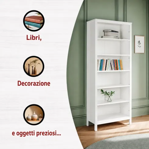 Libreria Soggiorno Camera Mobile 82 cm in Legno MDF Bianco 6 Ripiani