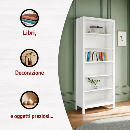 Libreria Soggiorno Camera Mobile 82 cm in Legno MDF Bianco 6 Ripiani