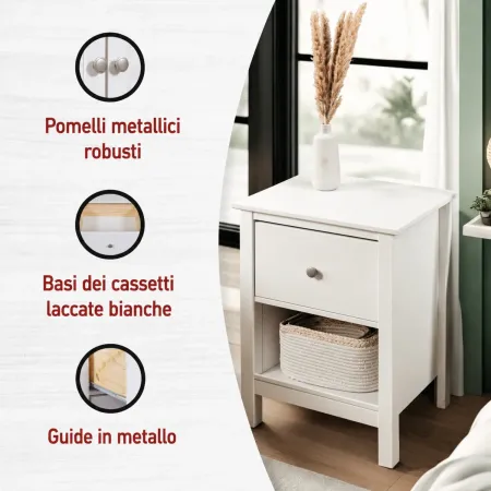 Comodino Camera da Letto con Cassetto Vano Portaoggetti Legno Bianco