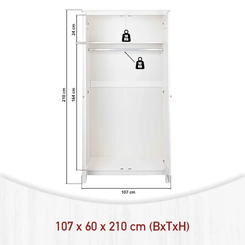 Armadio Camera da Letto 2 Ante con Asta Appendiabiti Legno Bianco