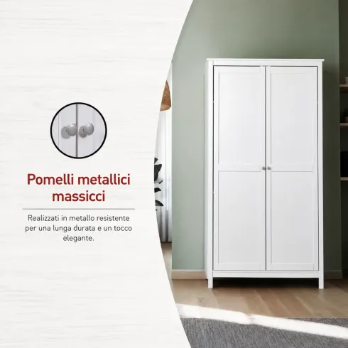 Armadio Camera da Letto 2 Ante con Asta Appendiabiti Legno Bianco