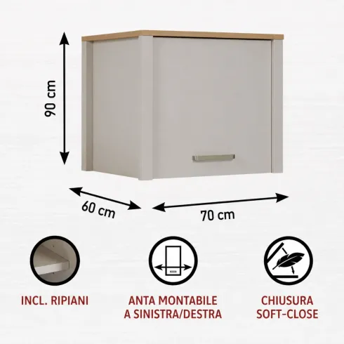 Pensile Cucina Singolo Beige Rovere con Anta Soft Close 70x60x60,5 cm