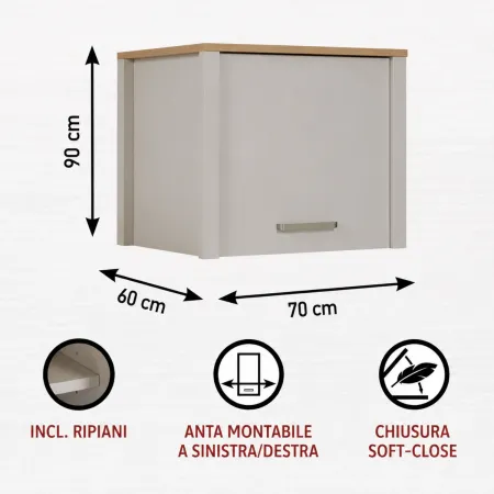 Pensile Cucina Singolo Beige Rovere con Anta Soft Close 70x60x60,5 cm