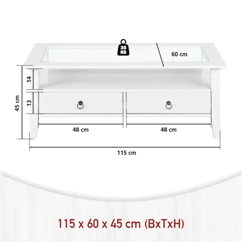 Tavolino in Vetro da Caffe 115x60 Bianco Tavolo Legno Divano da Soggiorno Divano | BricoShop24