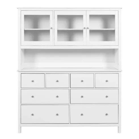 Credenza da Soggiorno 3 Ante 8 Cassetti con Vetrina in Legno Bianco