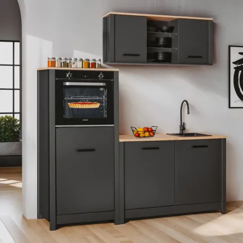 Mobile Cucina 200 cm Pensile Colonna Modulare Antracite Rovere