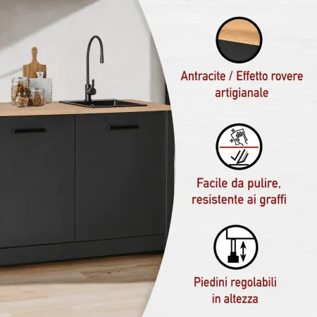 Mobile Cucina 200 cm Pensile Colonna Modulare Antracite Rovere
