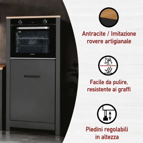 Mobile Cucina 200 cm Pensile Colonna Modulare Antracite Rovere