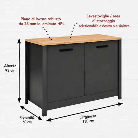 Mobile Cucina 200 cm Pensile Colonna Modulare Antracite Rovere