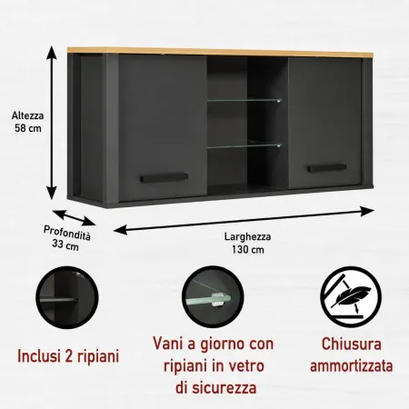 Mobile Cucina 200 cm Pensile Colonna Modulare Antracite Rovere