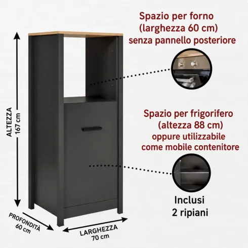 Mobile Cucina 200 cm Pensile Colonna Modulare Antracite Rovere