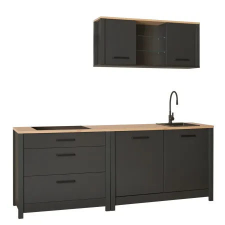 Mobile Cucina 230 cm Piano Cottura Pensile Sottolavello Antracite Rovere