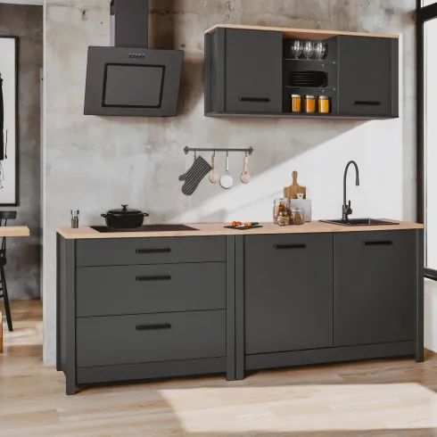 Mobile Cucina 230 cm Piano Cottura Pensile Sottolavello Antracite Rovere