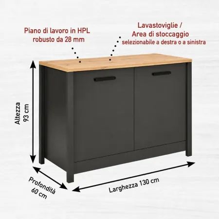 Mobile Cucina 230 cm Piano Cottura Pensile Sottolavello Antracite Rovere