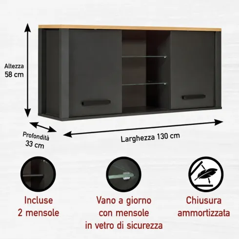 Mobile Cucina 230 cm Piano Cottura Pensile Sottolavello Antracite Rovere