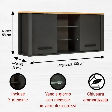 Mobile Cucina 230 cm Piano Cottura Pensile Sottolavello Antracite Rovere
