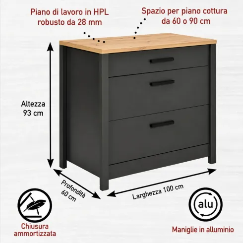 Mobile Cucina 230 cm Piano Cottura Pensile Sottolavello Antracite Rovere