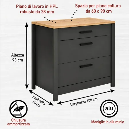 Mobile Cucina 230 cm Piano Cottura Pensile Sottolavello Antracite Rovere