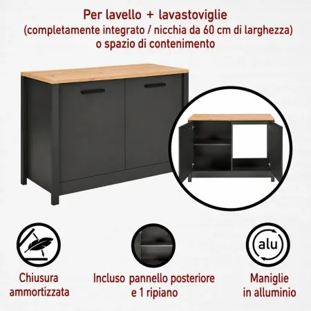 Mobile Cucina 230 cm Piano Cottura Pensile Sottolavello Antracite Rovere