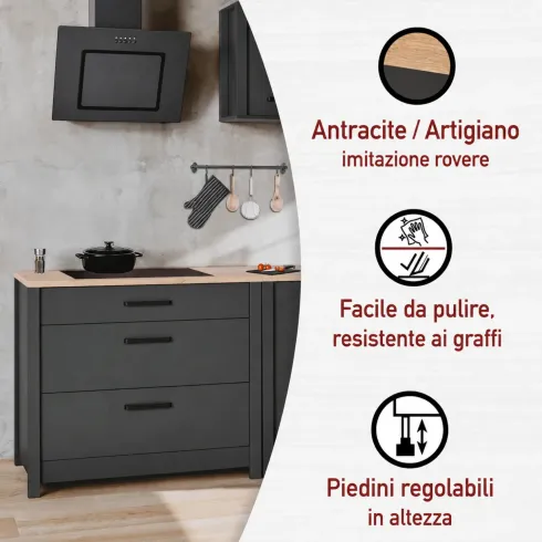 Mobile Cucina 230 cm Piano Cottura Pensile Sottolavello Antracite Rovere