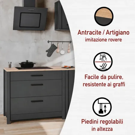 Mobile Cucina 230 cm Piano Cottura Pensile Sottolavello Antracite Rovere