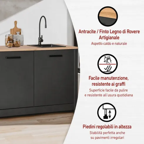 Cucina Modulare Sottolavello Pensile Colonna Antracite Rovere 300 cm