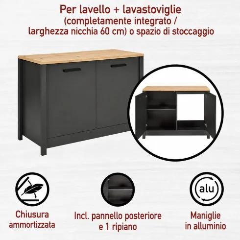 Cucina Modulare Sottolavello Pensile Colonna Antracite Rovere 300 cm