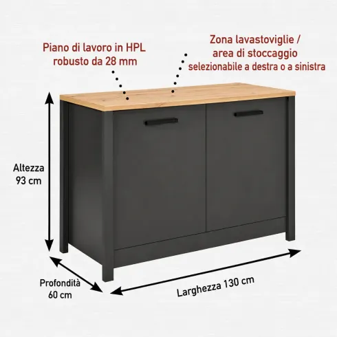 Cucina Modulare Sottolavello Pensile Colonna Antracite Rovere 300 cm