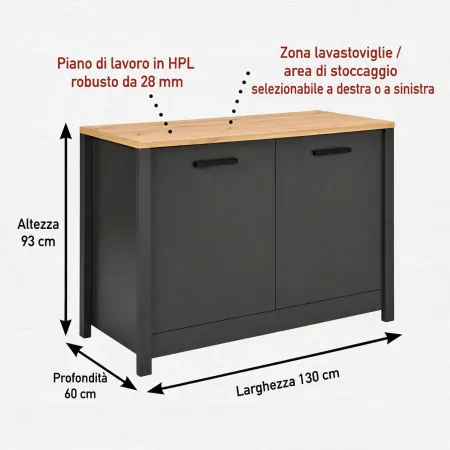 Cucina Modulare Sottolavello Pensile Colonna Antracite Rovere 300 cm