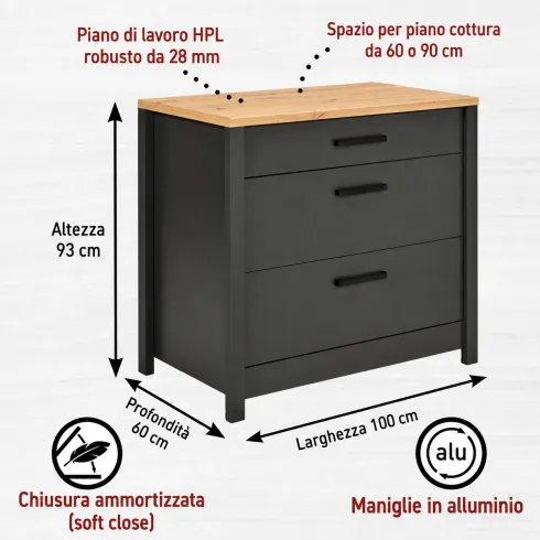 Cucina Modulare Sottolavello Pensile Colonna Antracite Rovere 300 cm