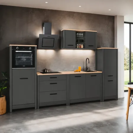 Cucina Componibile 5 Mobili Colonne Legno Antracite Rovere 370 cm