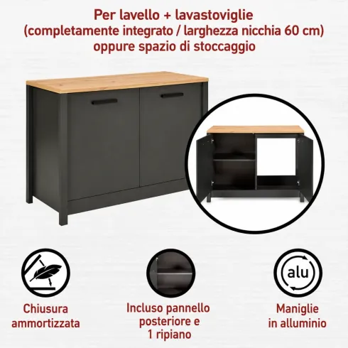 Cucina Componibile 5 Mobili Colonne Legno Antracite Rovere 370 cm
