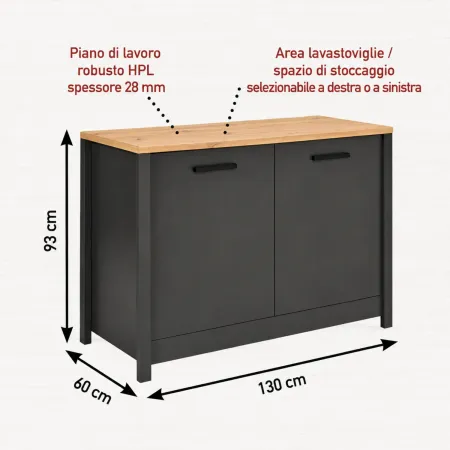 Cucina Componibile 5 Mobili Colonne Legno Antracite Rovere 370 cm