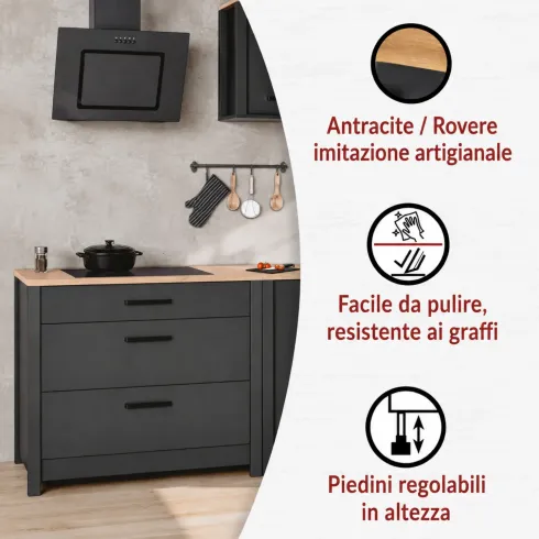 Cucina Componibile 5 Mobili Colonne Legno Antracite Rovere 370 cm